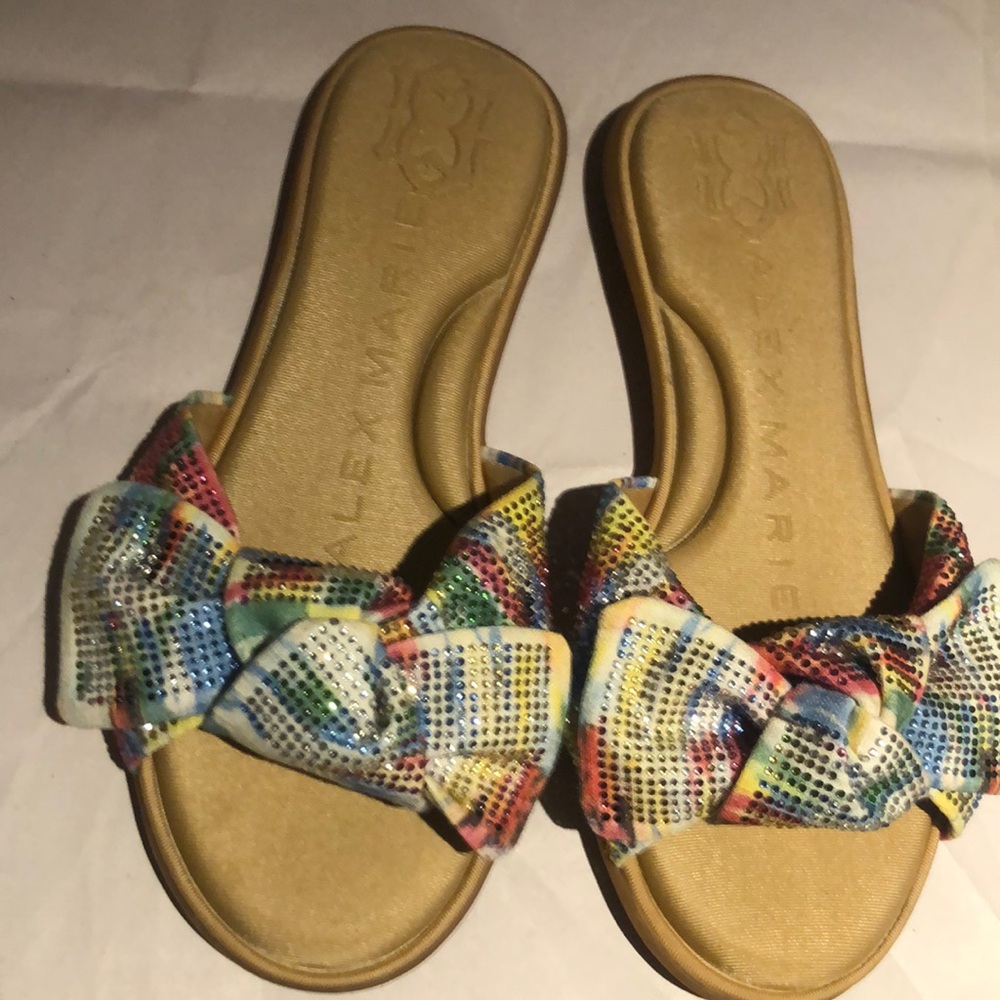 Rainbow colored slip on sandals with sparkle